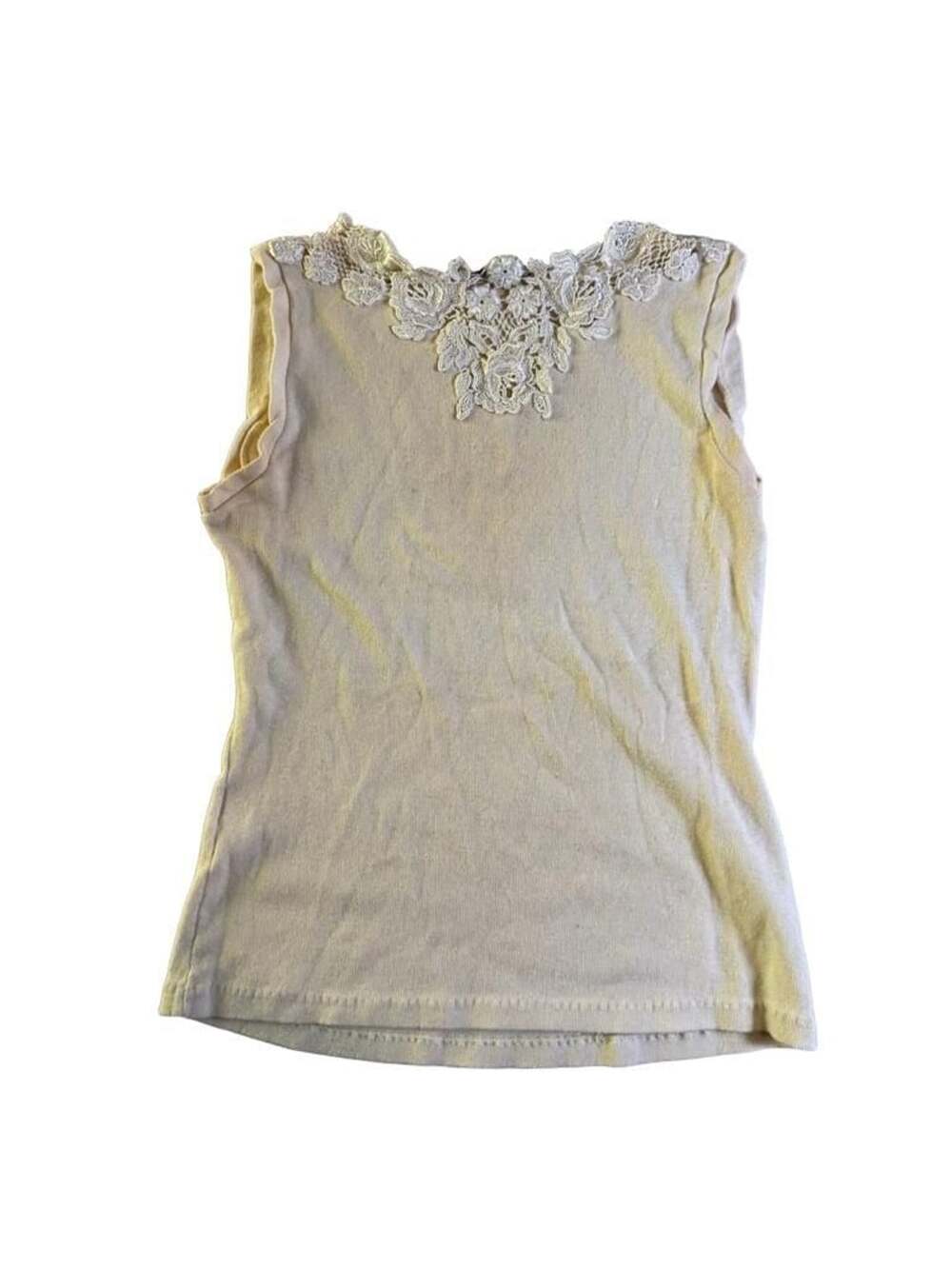 Vintage Tan Ribbed Sleeveless Tank Top with White Floral Lace Neck Applique